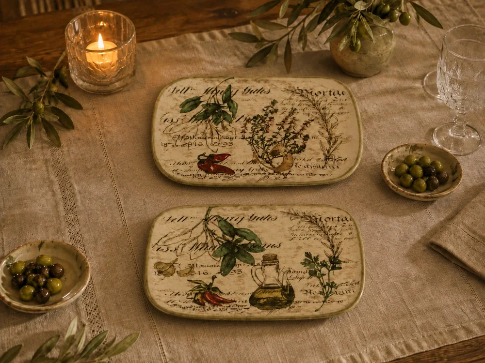Vintage Ceramisia Italy Botanical Herb Plates Set of 2 Rectangular 10.5 in